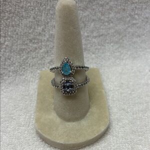 Silver and Blue Teardrop Ring with Halo Design